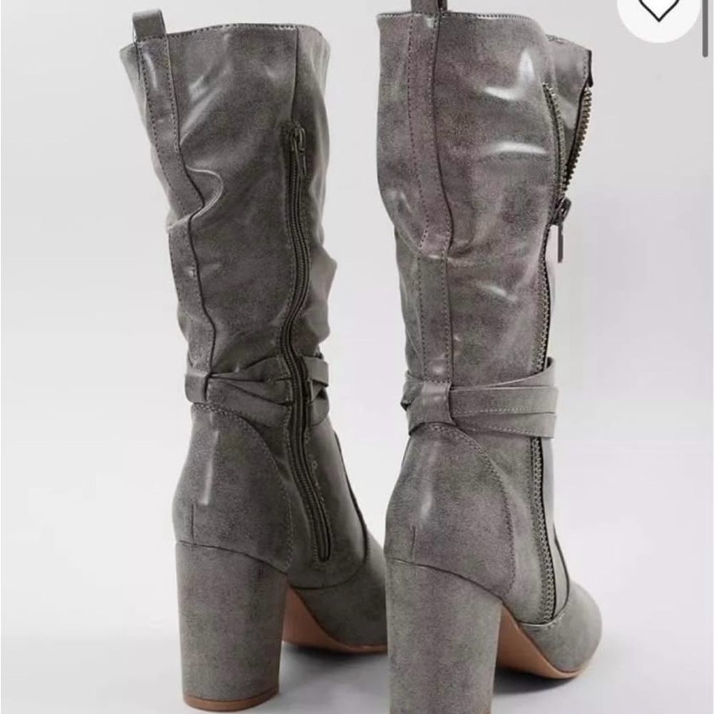 Gray Knee-High Boots with Block Heel